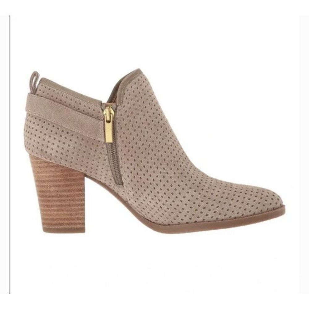 Franco Sarto Women's Bootie Sz 9M Dakota Block Heel Taupe Boho Suede Cutout